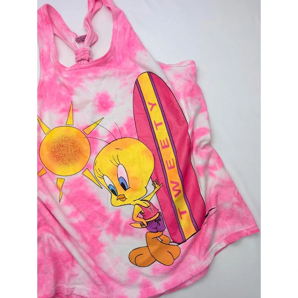 Vintage 1997 Warner Bros Tweety Bird Tie Dye Beach Cover Up Mini Dress Pink OS‎